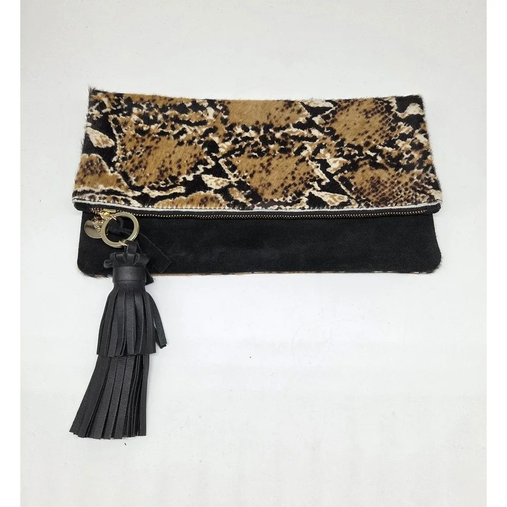 Clare V Foldover Snakeskin Print Suede & Calfhair Clutch